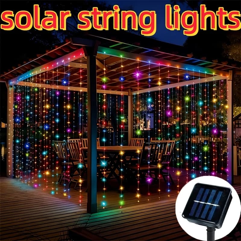 Luci a tenda solari a LED per esterni, luci fatate solari estive, luci a stringa per gazebo, giardino, feste, vacanze, Natale, decorazioni, lampade con filo di rame