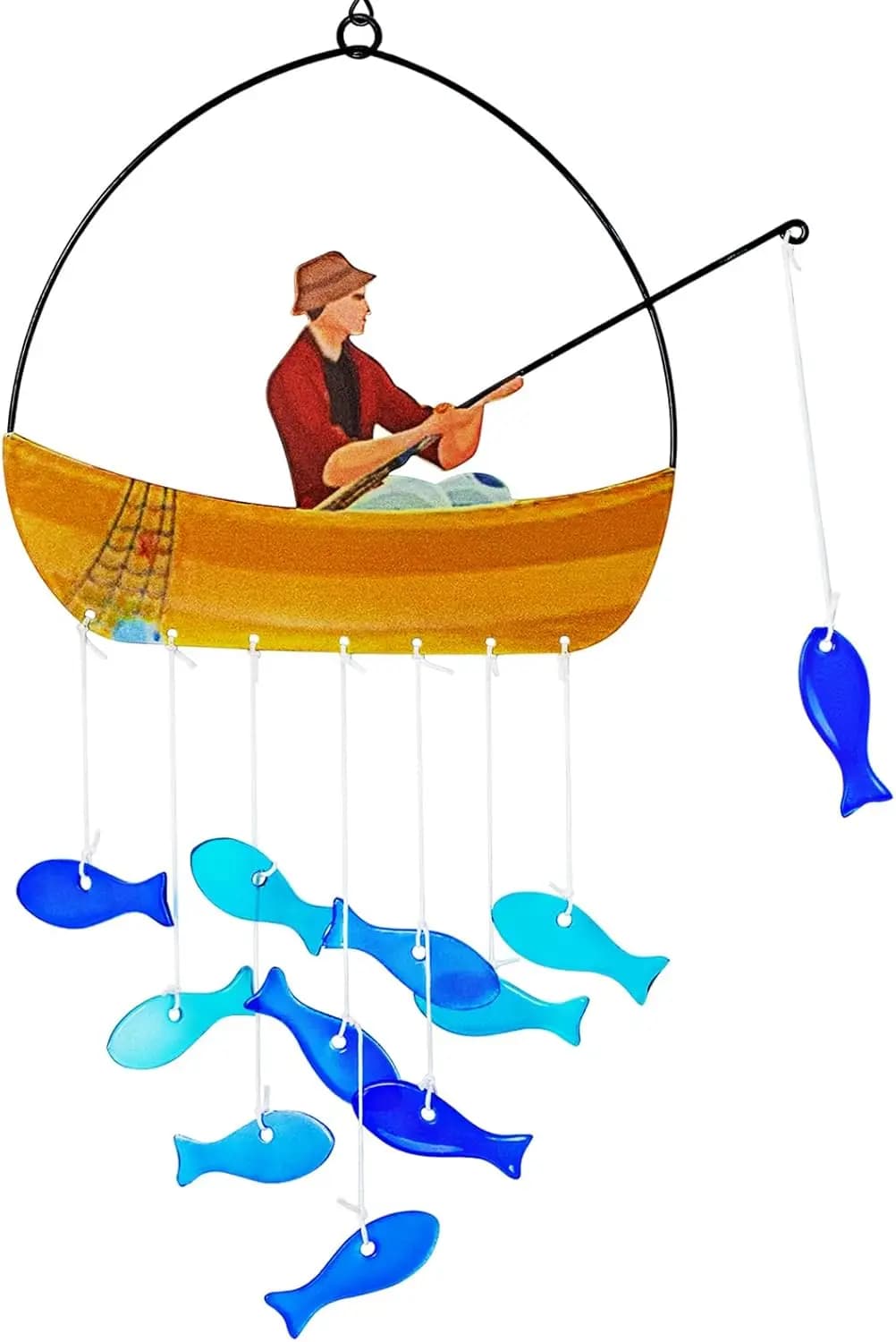 Sea Glass Wind Chimes with Blue Fish, Outdoor Garden Decor Windchimes, Suncatcher Gift for Women Mom Grandma