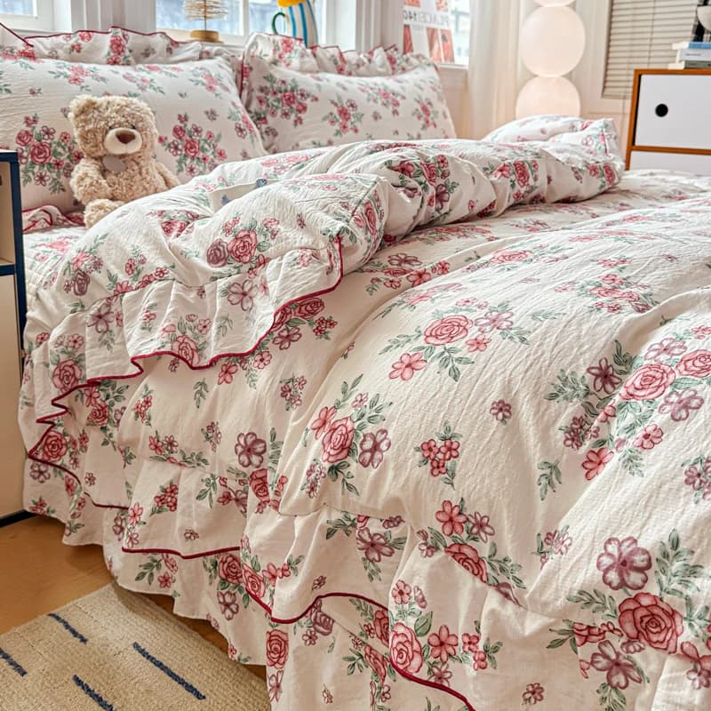 INS 3pcs Printed Home Duvet Cover Set with 2Pillowcases Soft Washed Cotton Bedding Set Ruffles Comforter Covers for All Season