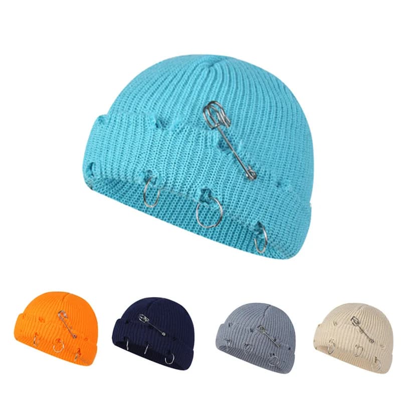 Fashionable Ladies Winter Warm Knitted Caps 3 Metal Ring Buckled Hat Cool Pure Hip Hop Hats for Women