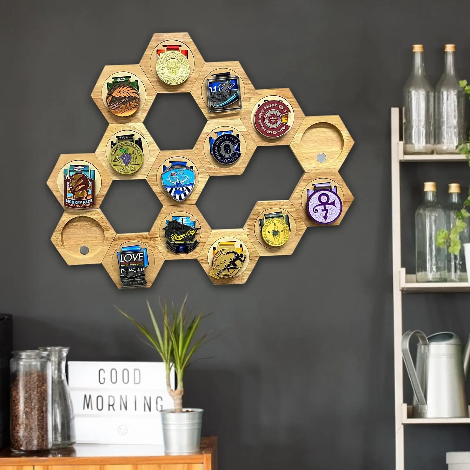 Honeycomb Combination Medal Display Stand Building Block Toys Hexagonal Wood Medal Rack Creative Splicing Wall Decor
