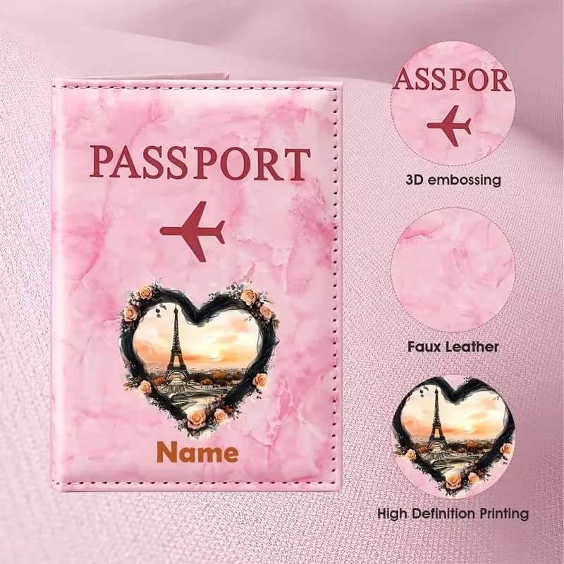 Custom Paris Eiffel Tower PU Passport Holder with Custom Name/Initials - French-Themed Travel Wallet Suitable for Honeymoon