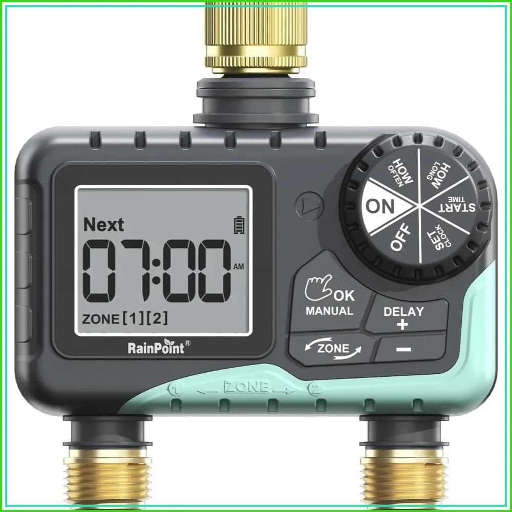 2-Zone Sprinkler Timer with Brass Inlet & Outlet, Automatic Watering System for Garden Hose, Rain Delay & Manual Mode, Blue