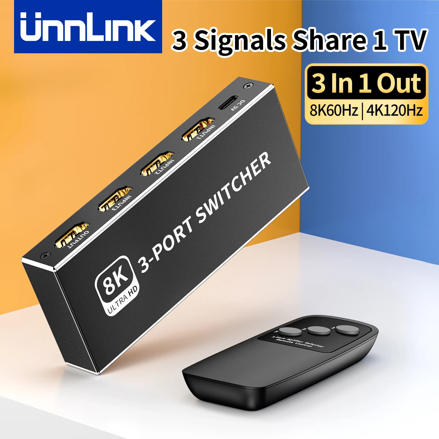 Unnlink 8K 60Hz HDMI Switcher 4K120Hz HDMI Switch 3 in 1 Out with Remote Control For Xbox PS5 Switch 2 TV Box to TV Monitor