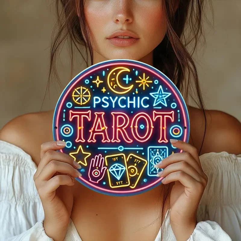 One neon sign featuring a spiritual tarot card - a round wooden sign with mysterious symbols, stars and moons -