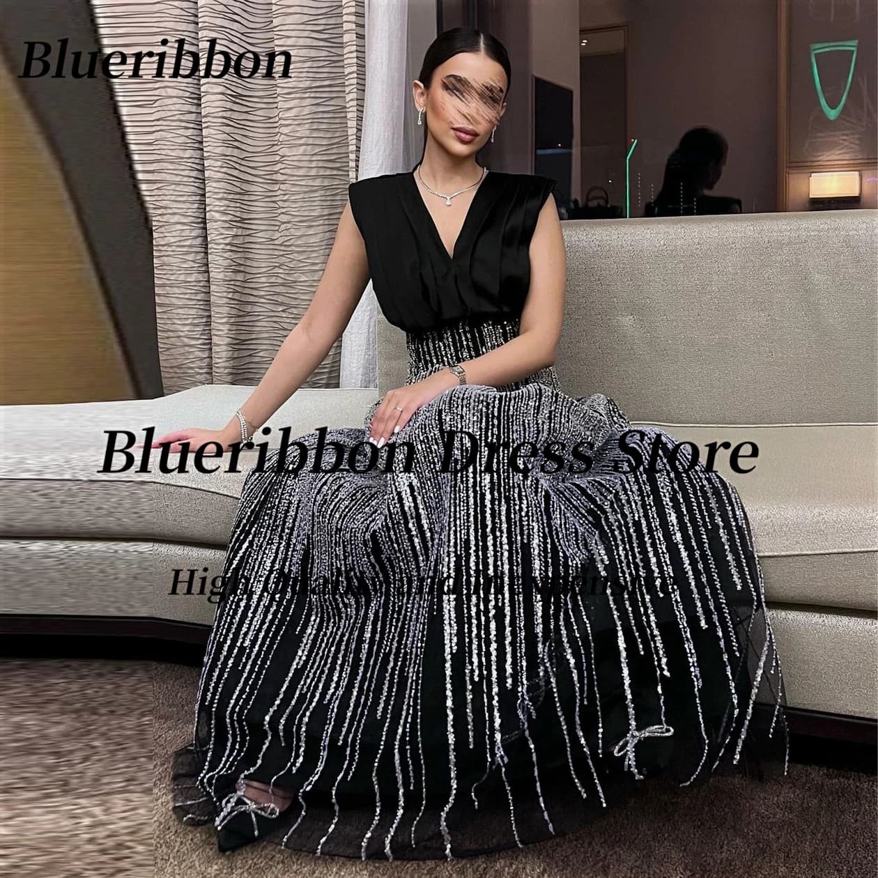 Blueribbon scintillanti abiti da ballo lunghi con scollo a V increspato per feste di compleanno da donna indossano abiti da banchetto da sera formali personalizzati
