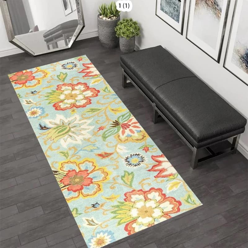 Tappeto Runner Floreale Acquerello, Morbido Antiscivolo, per Corridoio, Tappeto Boho Decorativo per Interni, Tappetino per Ingresso