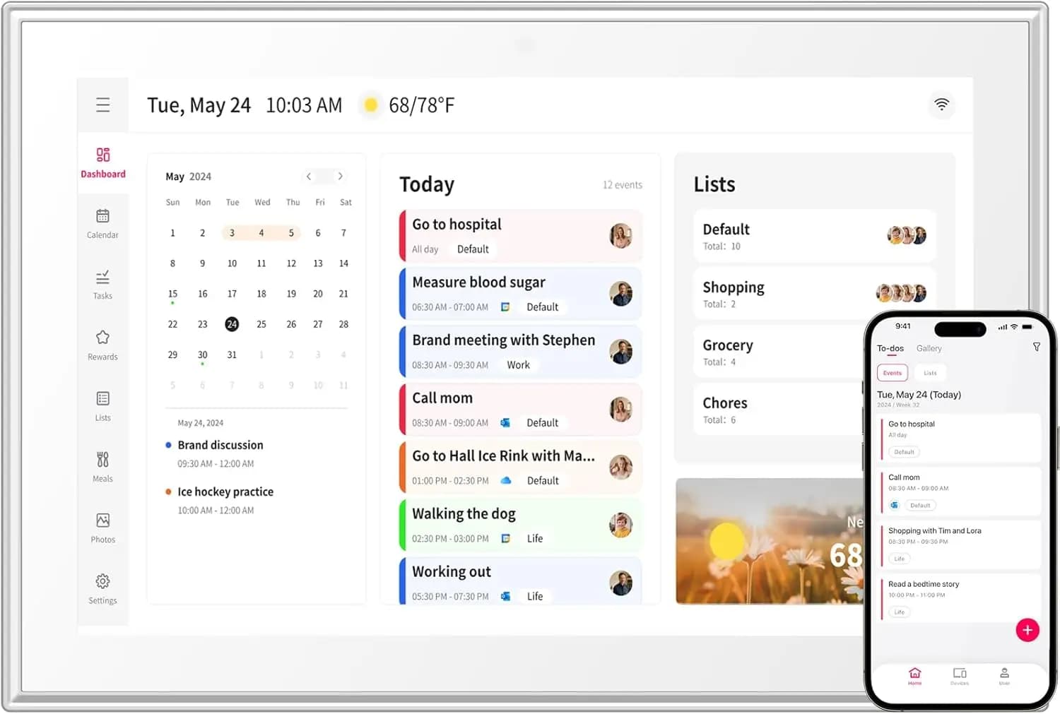 Calendario Digitale Intelligente e Tabella delle Attività da 10.1 Pollici, Touchscreen HD per Programmi Familiari, Pianificatore Pasti, Cornice Fotografica