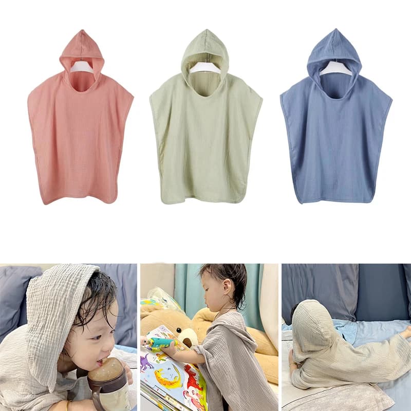 Kids Hooded Bathroom Towel Cotton Garza Soft Absorbent Bathrobe Soft Cover Poncho Breathable Kids Beach Cover