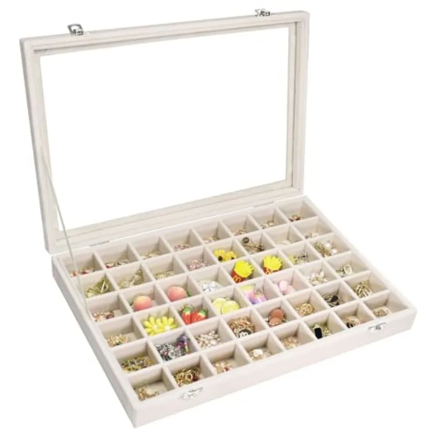 Velvet Jewelry Tray 48 Compartments Jewelry Display Organizer with Transparent Cover Rings, Earrings, Necklaces, Pendants Stora