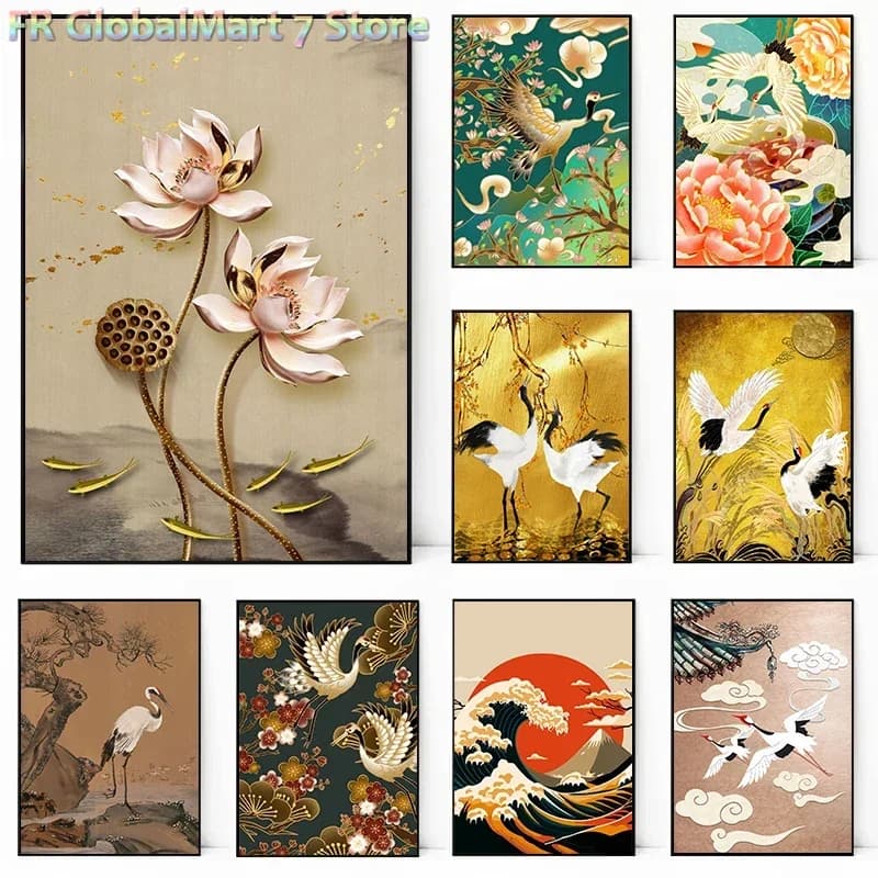 Retro Crane Bird Wall Art Prints Diamond Painting Japanese Landscape Posters Coastal Wall Pictures Home Living Room Decor Cuad