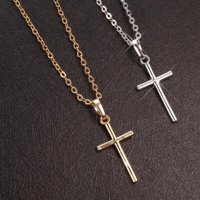 Fashion Necklace with Christian Cross of Jesus, Silver Color, Long Chain, Simple Pendants for Woman and Man, Gift Jewelry, Dropshipping