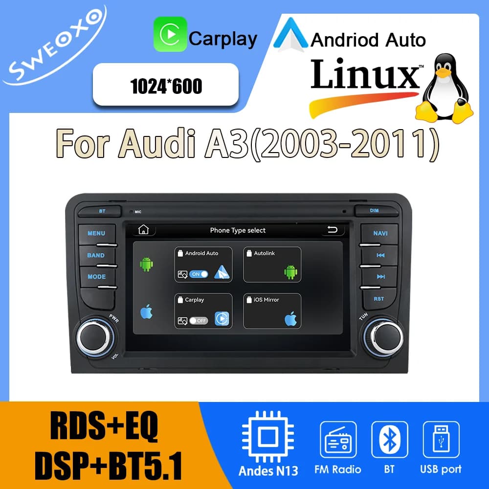 Per Audi A3 (2003-2011) 7 pollici (sistema Linux) CarPlay wireless, Android Auto wireless, lettore YouTube, navigazione GPS, USB