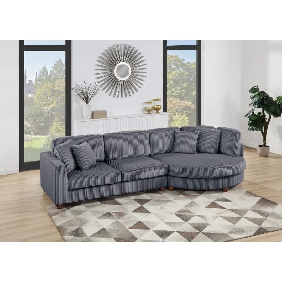 Set componibile contemporaneo da 2 pezzi Tessuto in velluto a coste peluche XL Divano LAF grigio scuro Chaise longue rotonda RAF con cuscini Divano del soggiorno