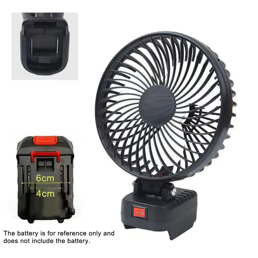 Ventilatore da campeggio portatile wireless per esterni con batteria agli ioni di litio e adattatore per uso in officina e sul campo, accessorio per utensili in plastica nera