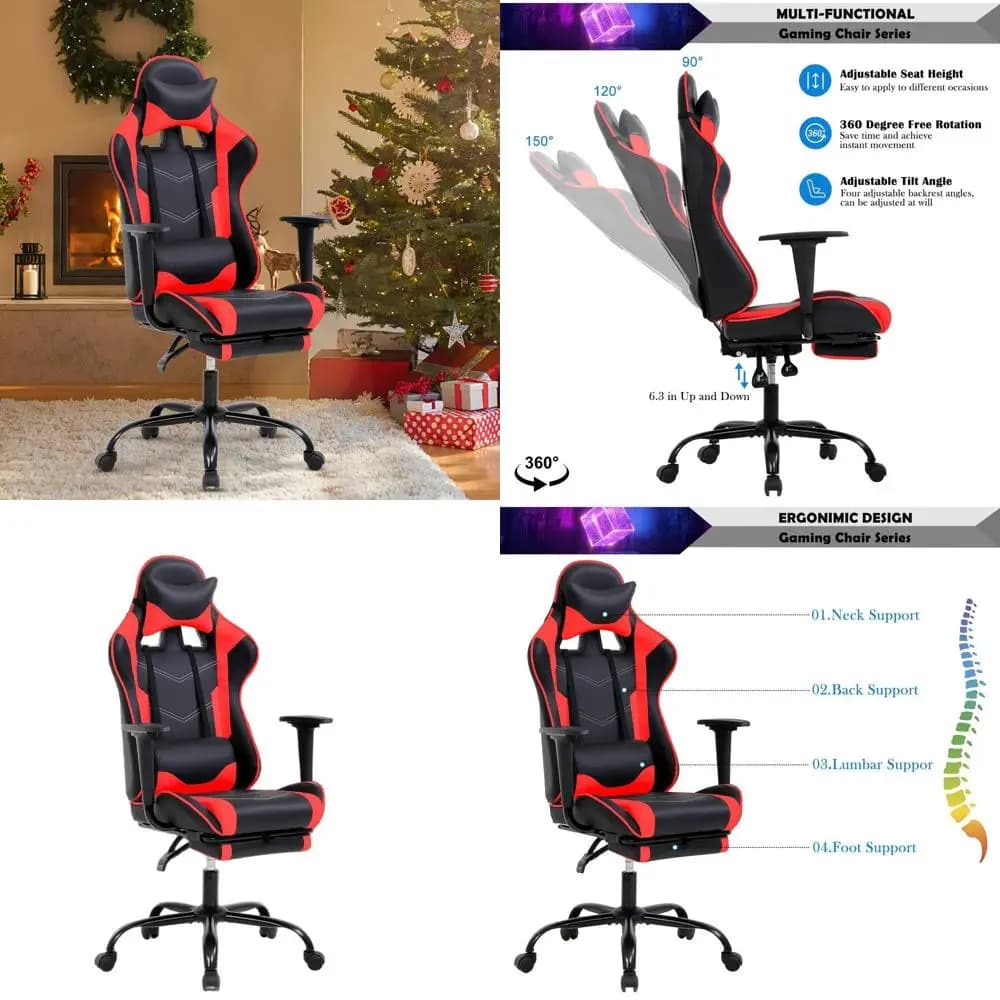 Sedia da gaming ergonomica in pelle PU con poggiapiedi, supporto lombare, design ad alto schienale per adulti e ragazzi - Regalo di Natale ideale (R