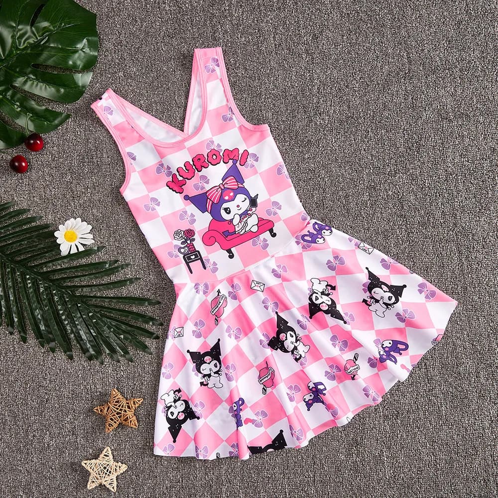 Costume da bagno per bambina Kuromi Cartoon, dolce e confortevole, stile principessa, costume intero, nuovo modello, abbigliamento sportivo da nuoto, regalo di compleanno