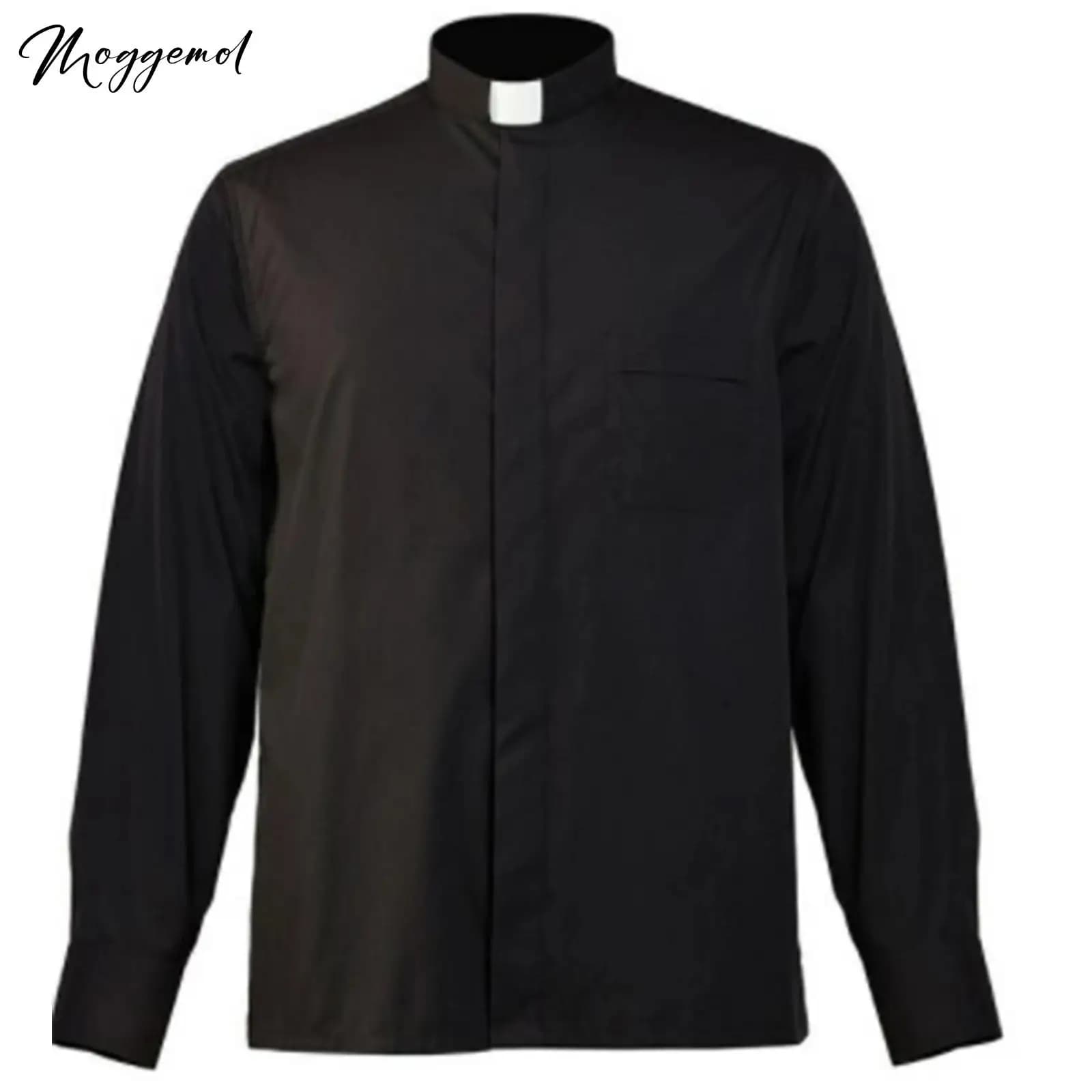 Men's Black T-shirt Halloween Blessed Clergy Costumes Long sleeve Collect to Korean T-shirt with contrasting label Top for Preacher Cosplay