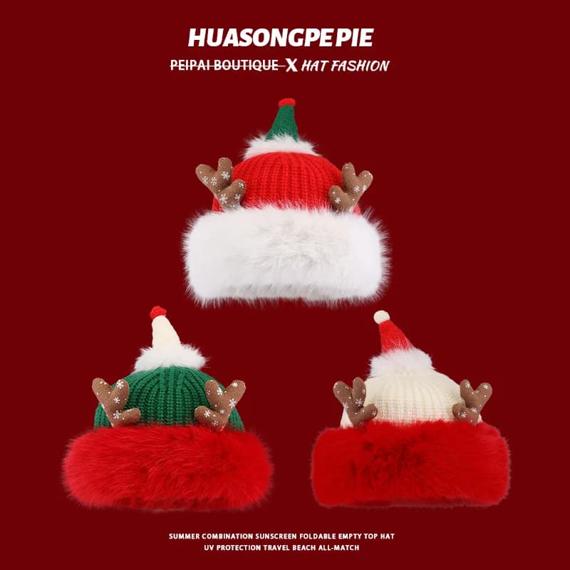 Cute Reindeer-Antler Xmas Hat – Plush-Lined Warm Knit Cap, Unisex Gift Beanie for Women & Men