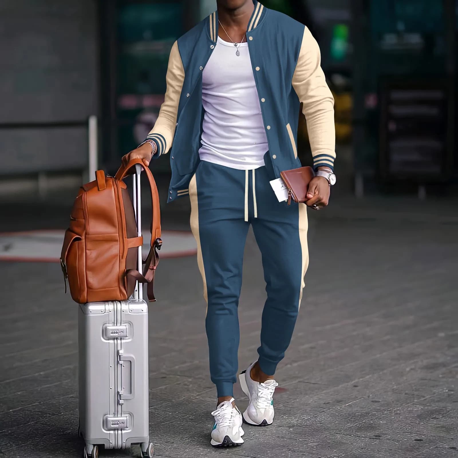 Autumn Winter New Men 2PCS Baseball Jacket Set Casual Sports Outfit Long Pants Matching Suit Male Daily Streetwear Tracksuit