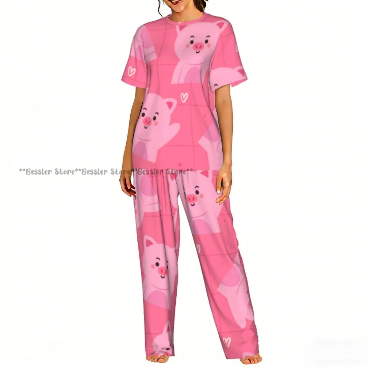 Women's pyjamas, pajamas set, nightwear, cartoon with pig, pink background, short sleeves