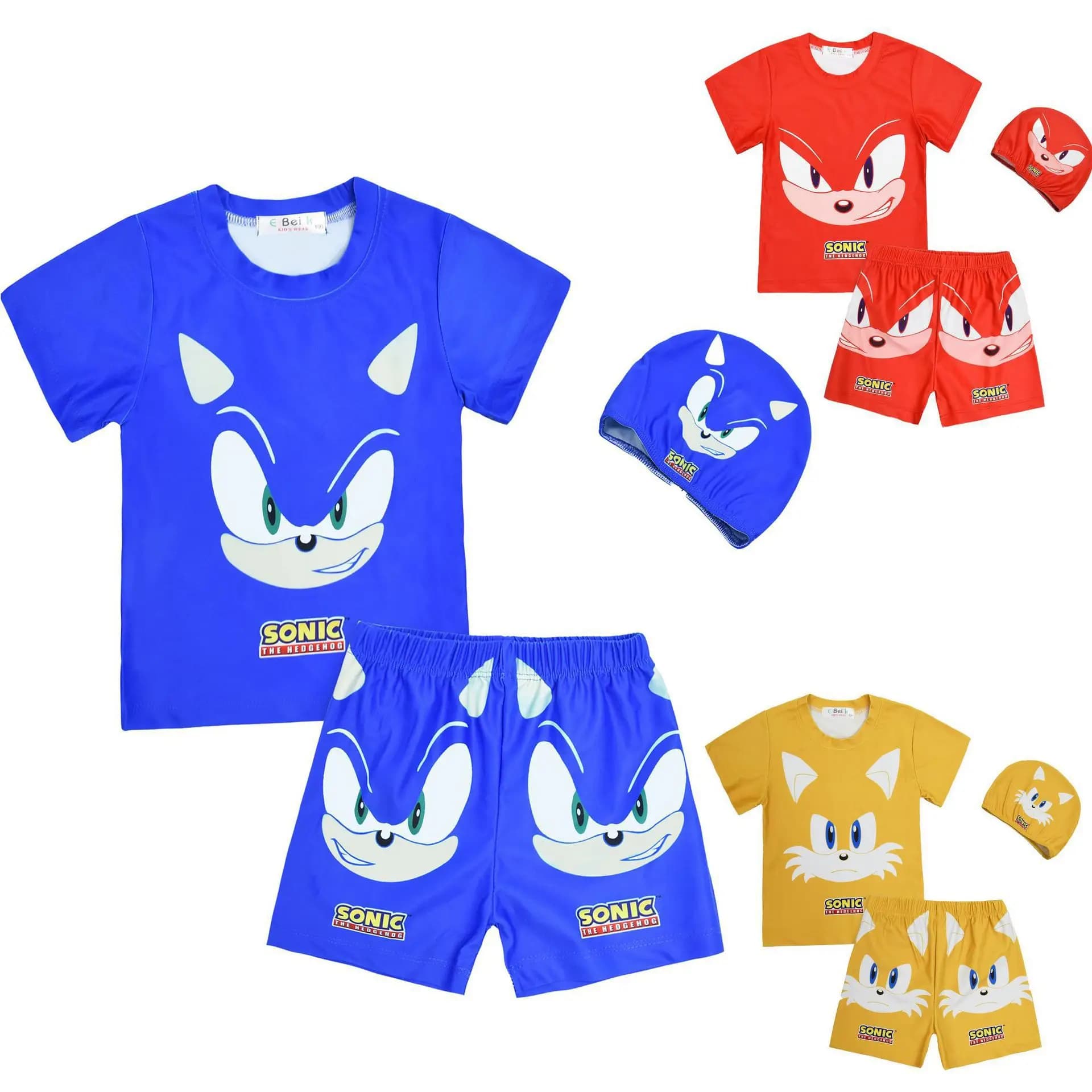 Swimsuit for Children with Digital Print by Shadow the Hedgehog, Set 3 Sleeved Parts Court, Swimming Set with Knuckles l'Echidna/Sonic, Gift