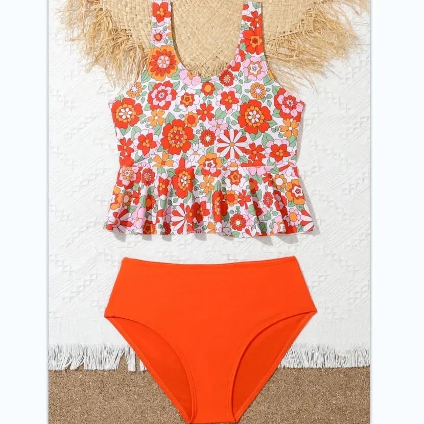 Costume da bagno a due pezzi con stampa floreale e volant per ragazze, costume da bagno a vita alta per bambini, costume da bagno per ragazzi 8-14 anni, costume da bagno da spiaggia per adolescenti