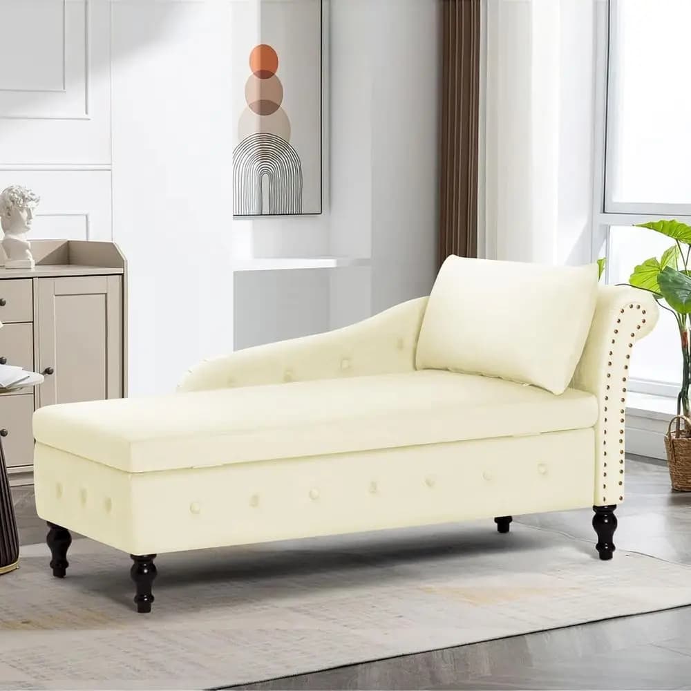 Chaise longue imbottita con bracciolo destro e cuscino lombare, divano con bottoni trapuntati e vano portaoggetti, poltrona lounge in velluto per soggiorno, camera da letto
