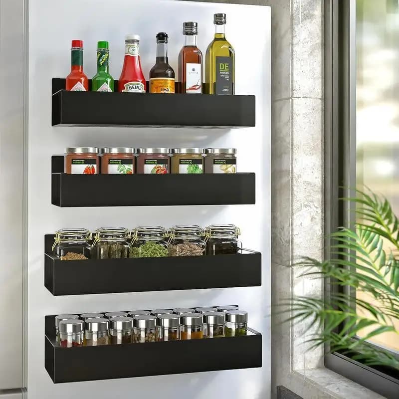 Magnetic Mirror Door for Fridge, Organizer and Stool for Kitchen, Black (Package 4)