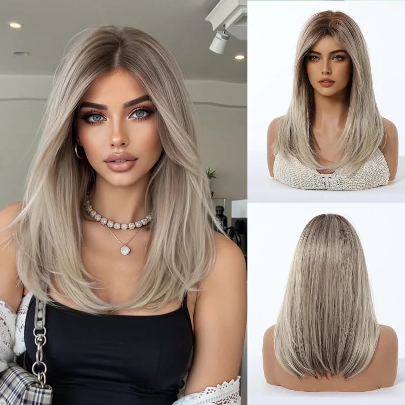 Parrucca Bob di media lunghezza, liscia, biondo cenere, con frangia a tendina - Trendy Cool Blond
