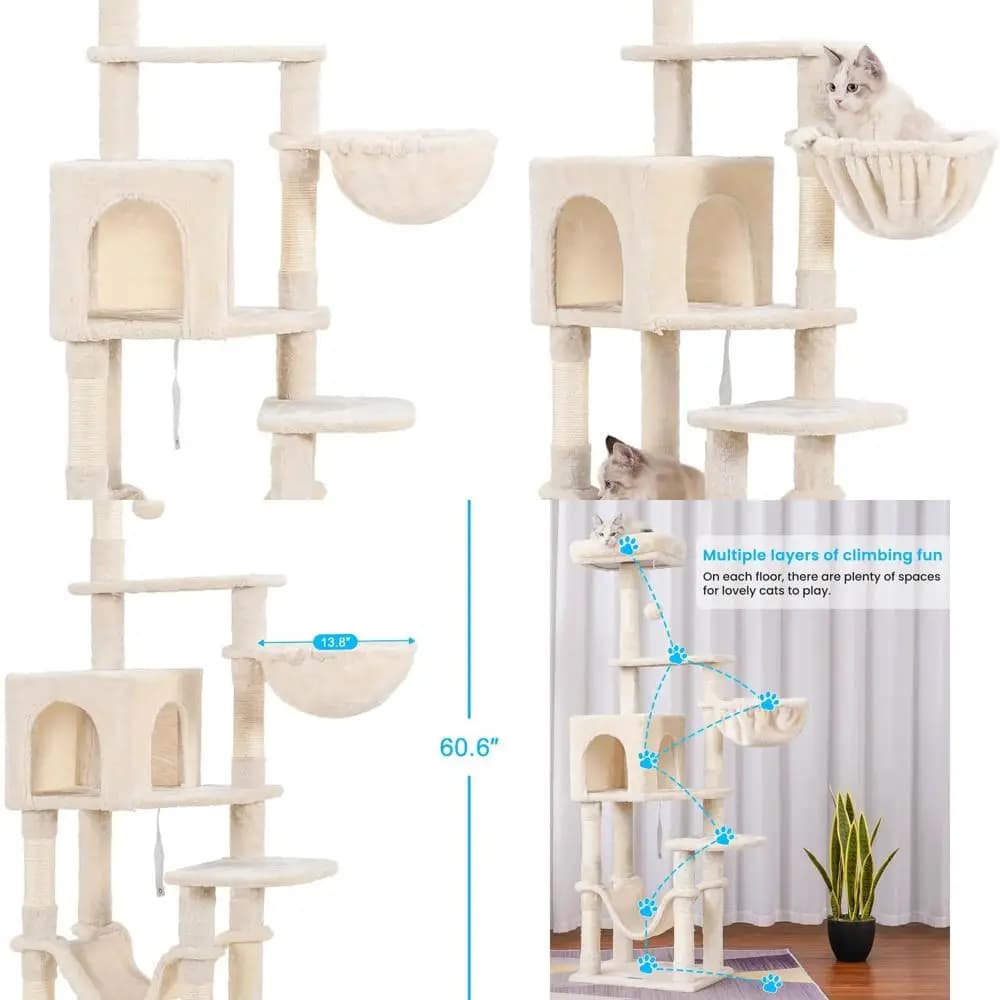 Grande albero per gatti da interno con piattaforme multilivello, tiragraffi in sisal e amaca superiore, Beige MPJ050M