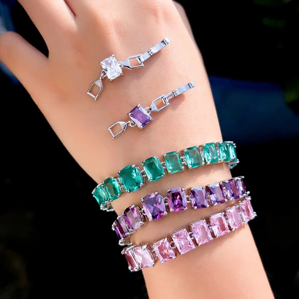 CWWZircons 2025 New Fashion Princess Cut Cubic Zirconia Multicolor Tennis Bracelet Jewelry for Woman Wedding Dancing Party S0262