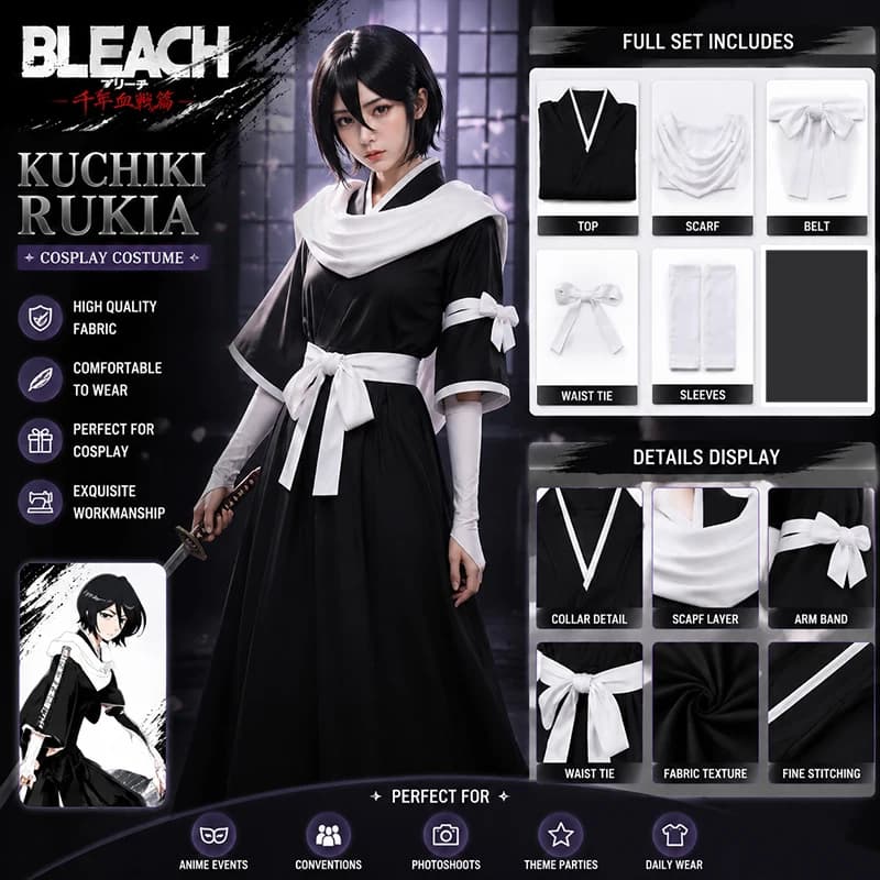 Anime BLEACH: Thousand-Year Blood War Kuchiki Rukia Cosplay Costume Wig Halloween Comic Con uniforms Woman Role Play Clothes