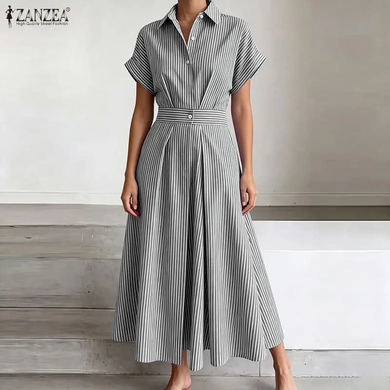 ZANZEA Stylish Lapel Neck Short Sleeve Striped Dresses Women Summer OL Work Dress Elegant Casual A Line Holiday Buttons -Up Robe