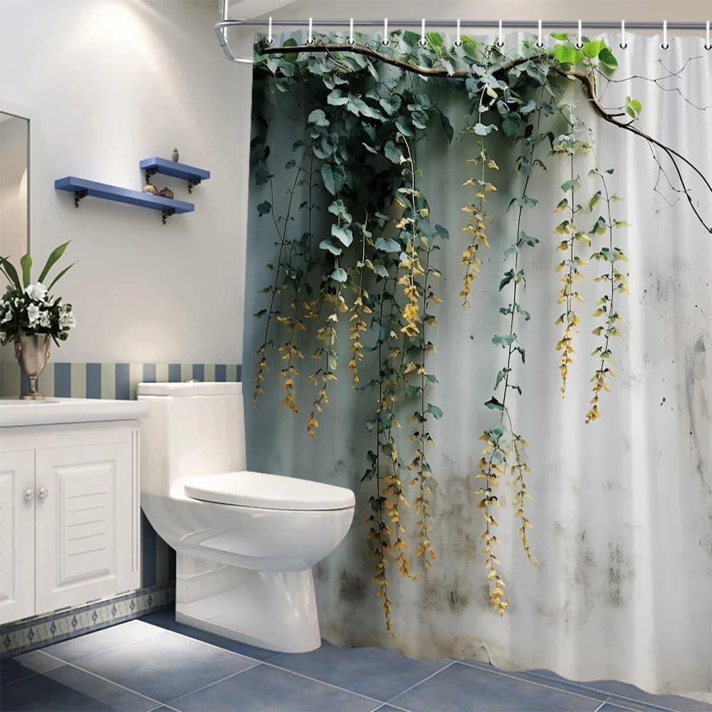 Tenda da doccia a vite a cascata da 1 pezzo con bacche gialle e design di eucalipto, 70x70 pollici, aspetto da parete in legno stagionato,