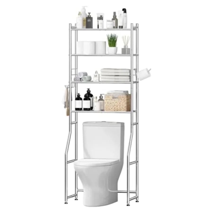 Mobiletto portaoggetti da bagno sopra il WC in metallo a 4 ripiani, organizer da bagno con 4 ganci e porta carta igienica, cromato