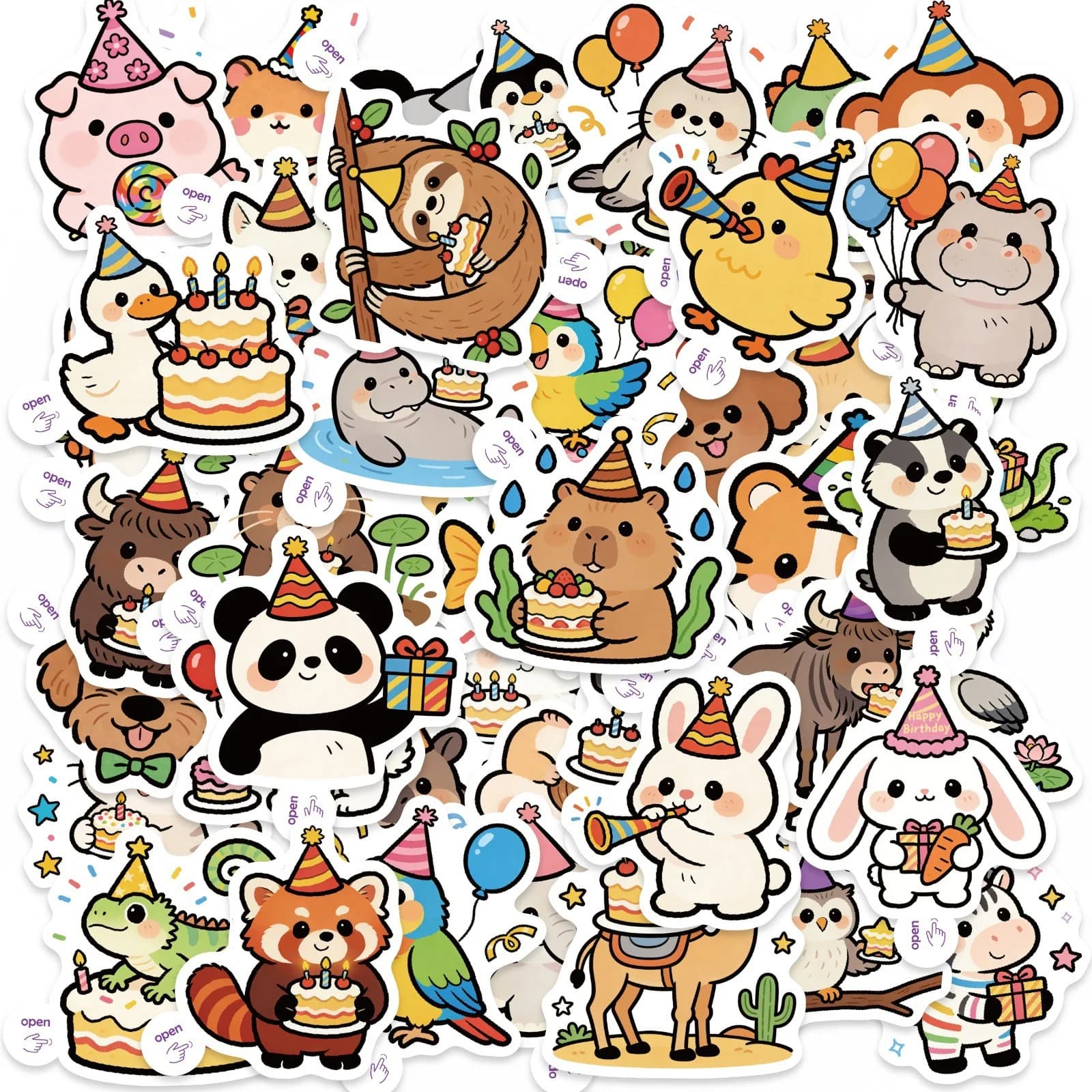 50 Pezzi Adesivi Carini a Tema Animali Cartoon per Compleanno, Fai da Te, per Valigie, Album, Diari, Cartelle, Facili da Staccare