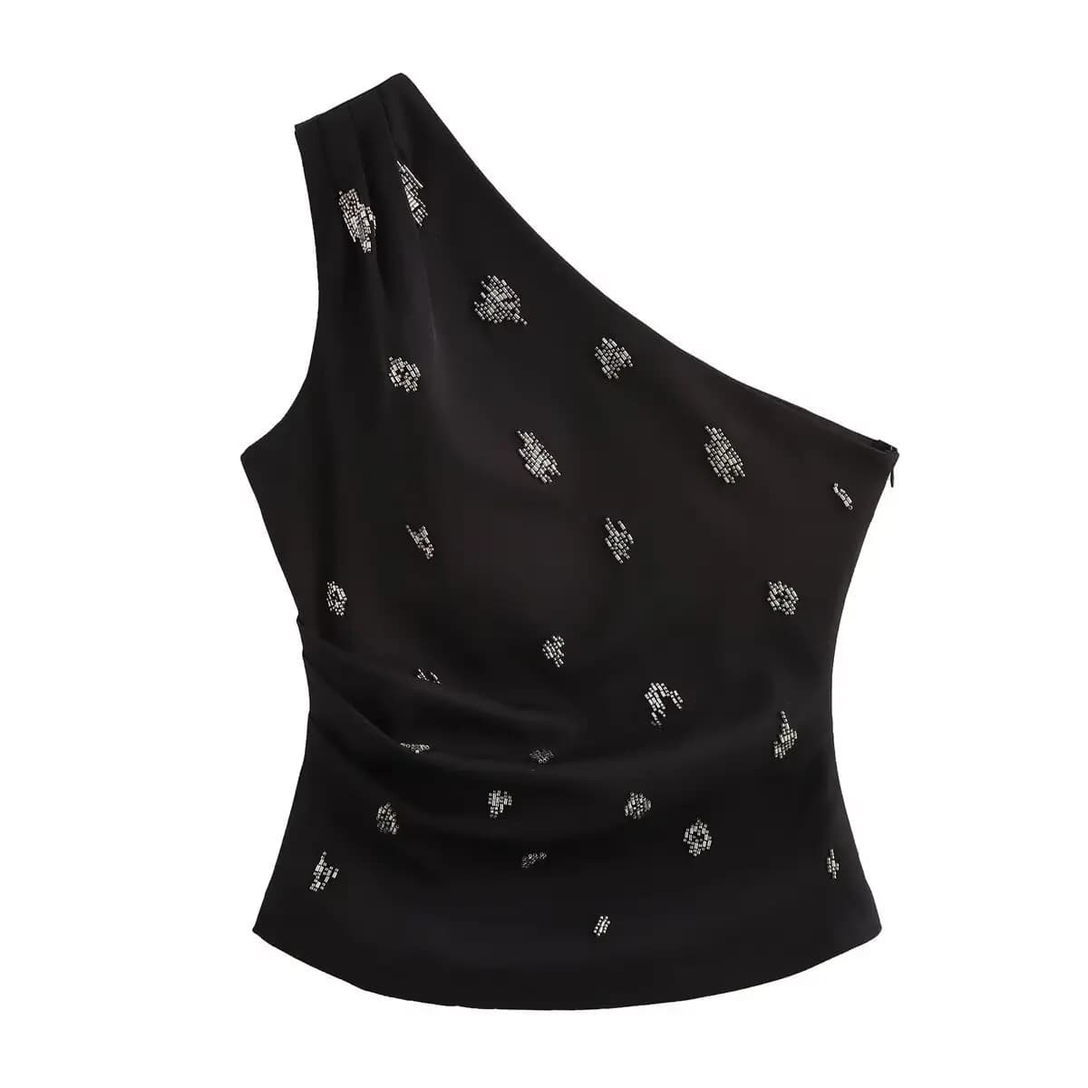 2025 Nuove donne sexy spalla singola perla che borda camicetta asimmetrica T-shirt estate donna cerniera laterale camicie slim top chic