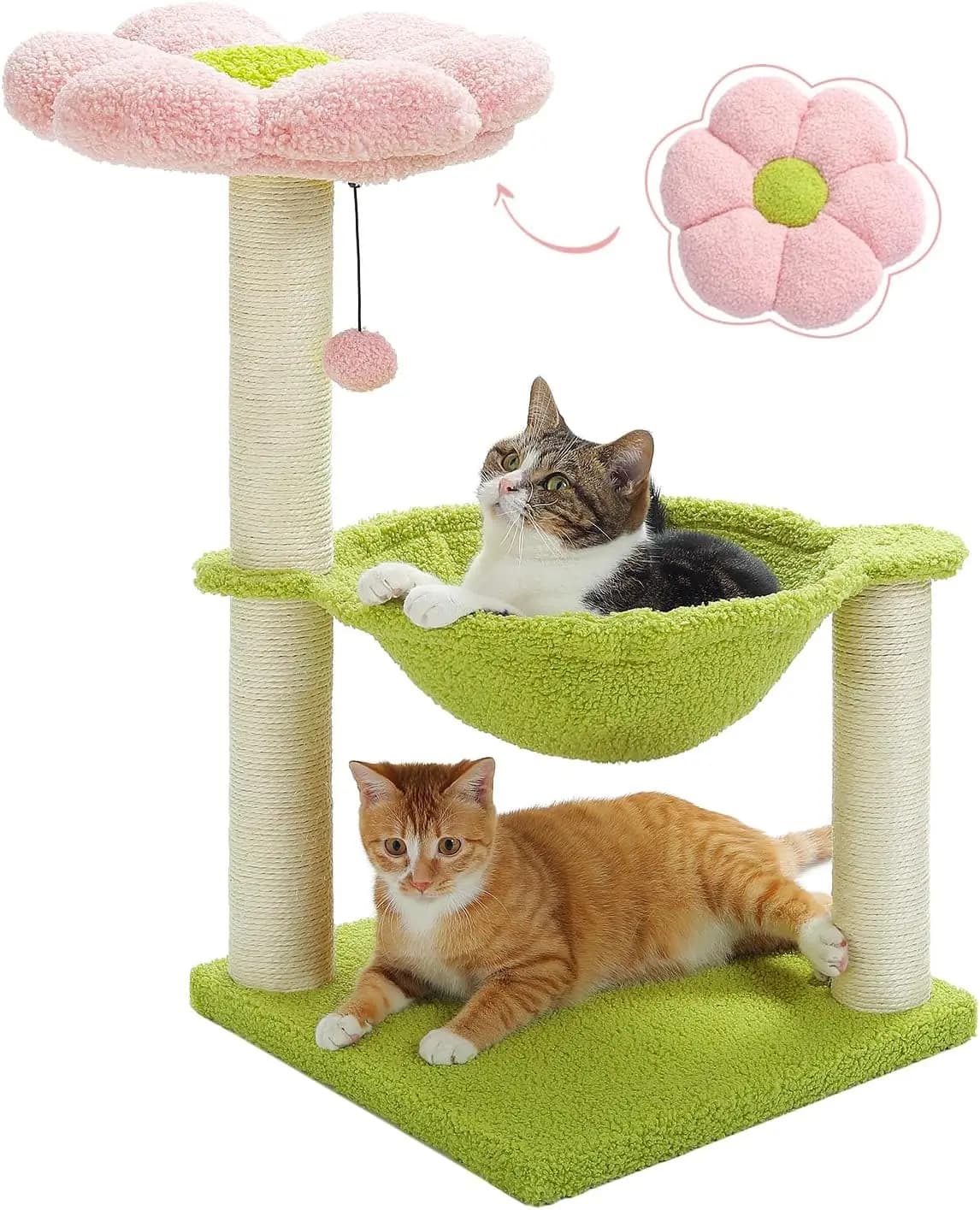 Albero per gatti da 28 pollici con comoda poggia a forma di fiore e amaca, tiragraffi, palla giocattolo, rosa