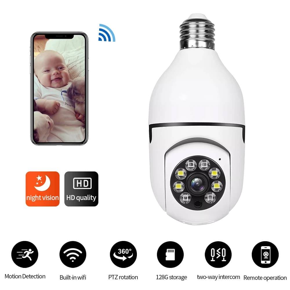 Telecamera WiFi E27 con Lampadina 2MP 360° ° Monitor di Sicurezza Domestica Panoramico con Tracciamento Umano e Visione Notturna per Bambini e Animali Domestici