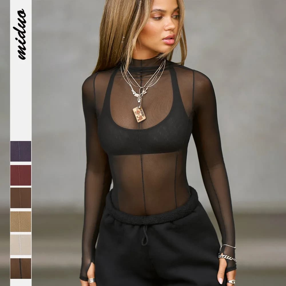2025 Autunno New Fashion Top da donna T-shirt Maglia trasparente a maniche lunghe Slim-Fit Collo semi-alto Top Y2k Abbigliamento donna