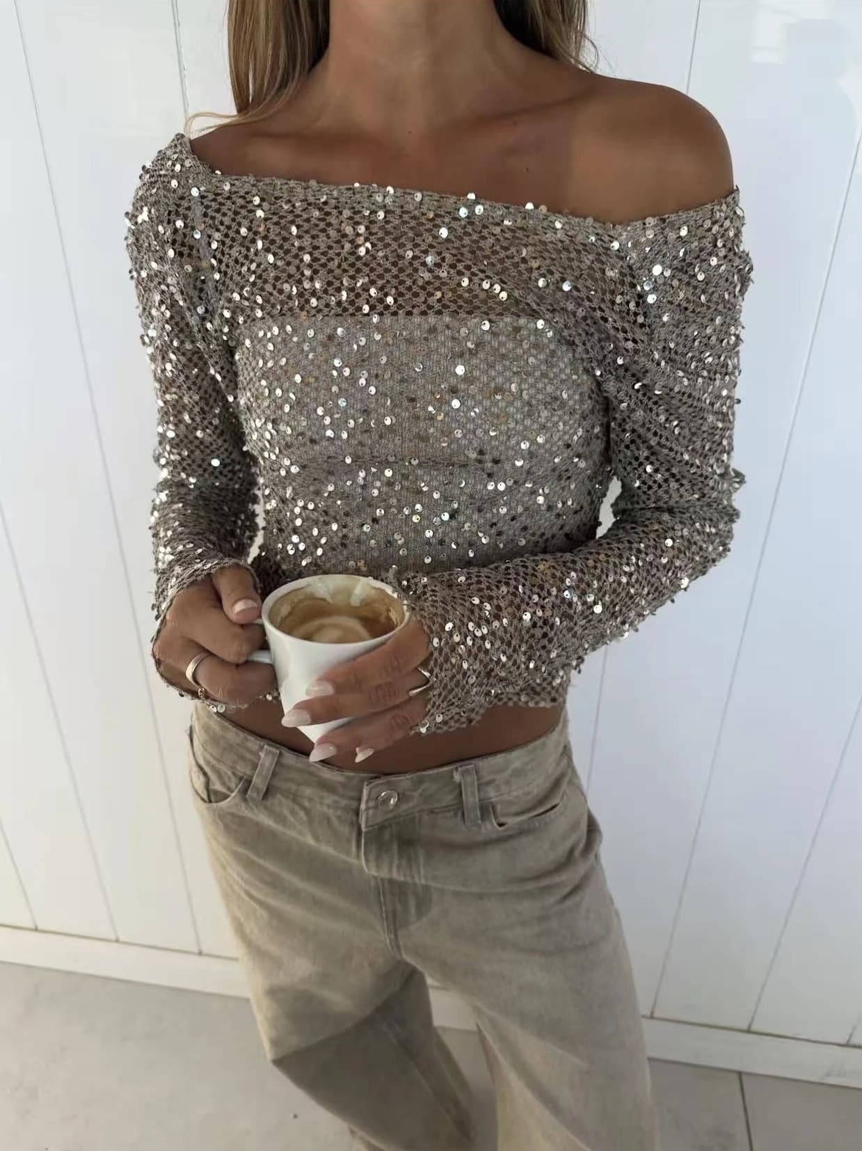 Top Estivo da Donna in Rete con Paillettes Color Kaki, Indossabile su Entrambi i Lati, Sexy, Maniche Lunghe, Trasparente, Crop Top, T-shirt da Donna Stile High Street