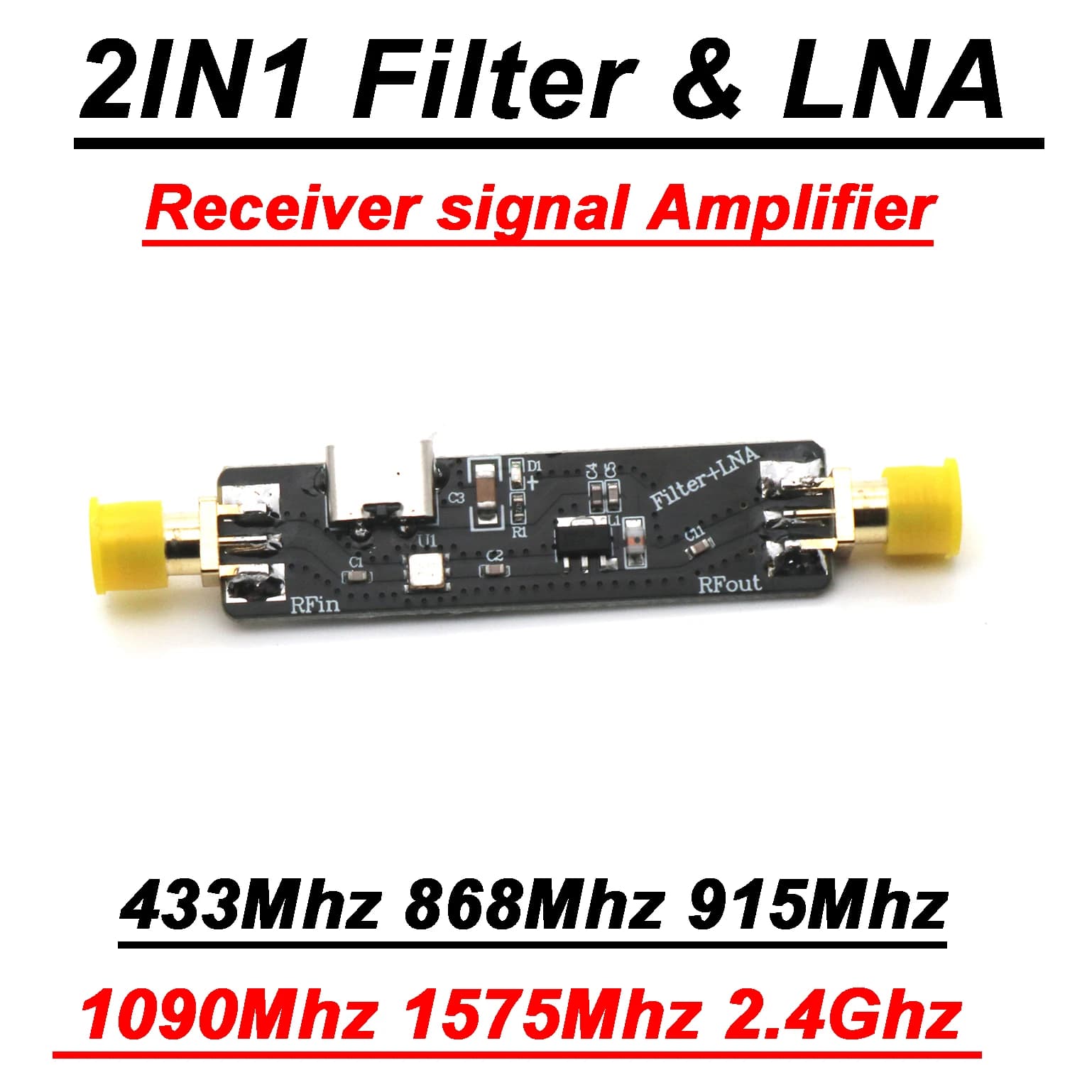 SAW Filtro BPF e amplificatore a basso rumore LNA Ricevitore RF segnale AMP 433 Mhz 868 Mhz 915 Mhz 1090 Mhz 1.5G 2.4 Ghz WIFI LORA SDR ADS-B