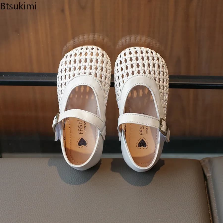 New Children Solid Color Hollow Breathable Single Shoe Kids Soft Soled Velcro Princess Shoes Girls Summer Woven PU Leather Shoes