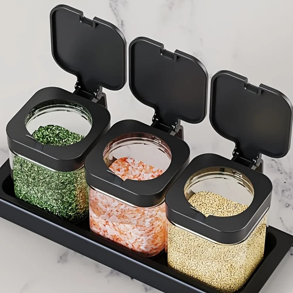 Set di 3 Barattoli in Vetro da 10 OZ per Spezie con Cucchiai e Supporto, Contenitori per Condimenti, Organizzatore per Cucina