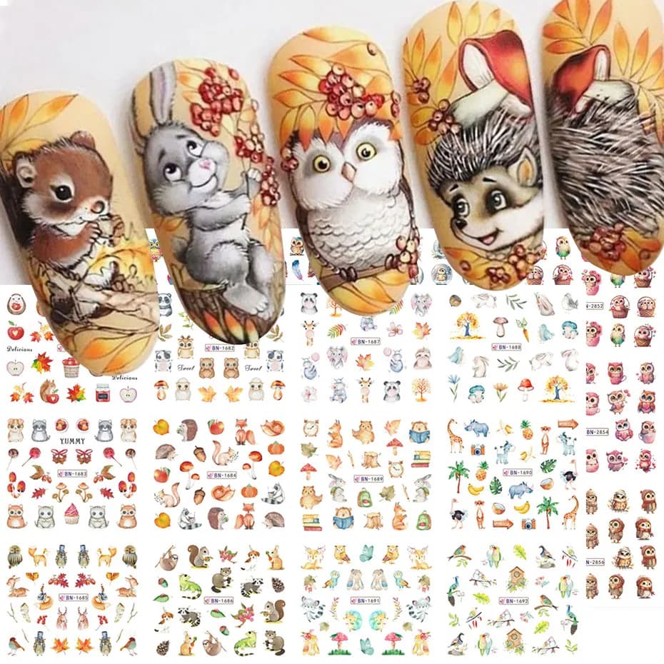 12Design Autunno Animale Nail Art Acqua Adesivo Cartoon Gufo Scoiattolo Volpe Riccio Trasferimento Slider Autunno Tema Frutta Manicure Decor