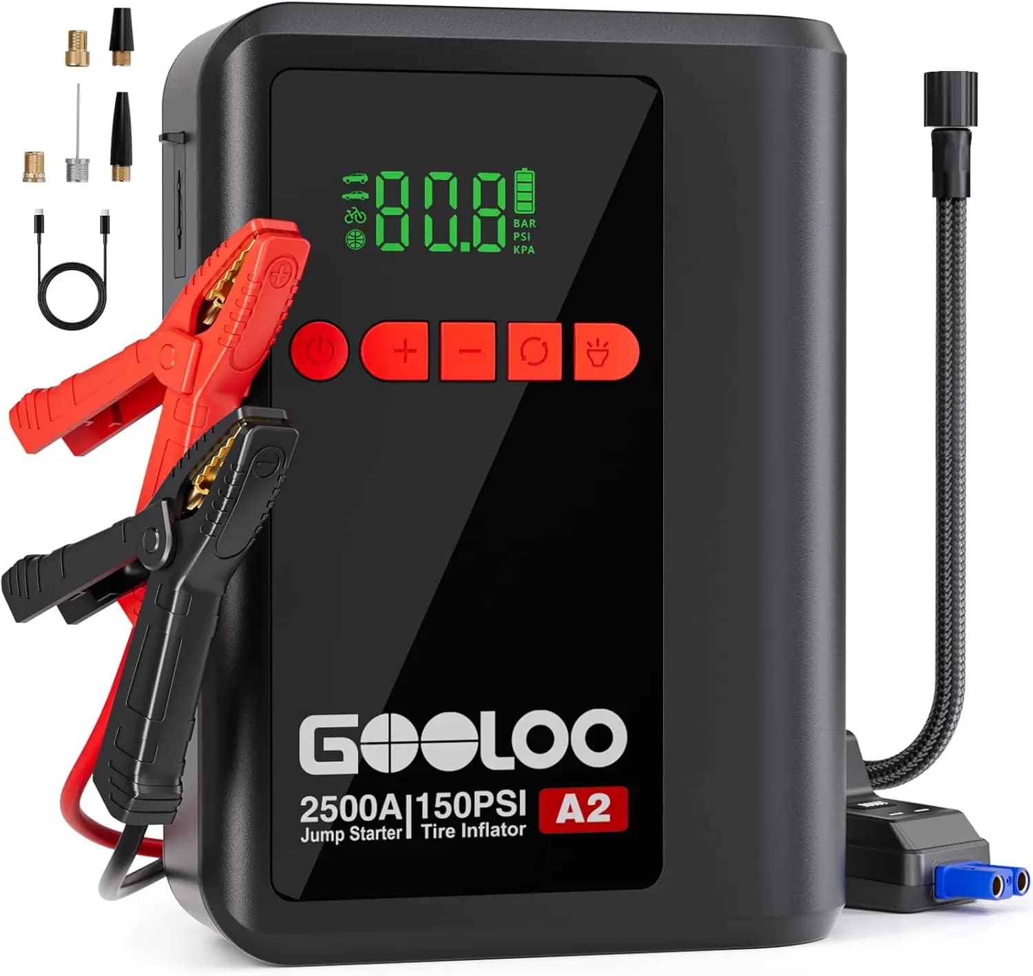 Avviatore di Emergenza 8-in-1 con Compressore d'Aria, Booster Batteria Auto 2500A per Motori Benzina 8L/Diesel 6L, Gonfiatore Pneumatici Cordless 150 PSI con Spegnimento Automatico, Jump Starter al Litio 12V