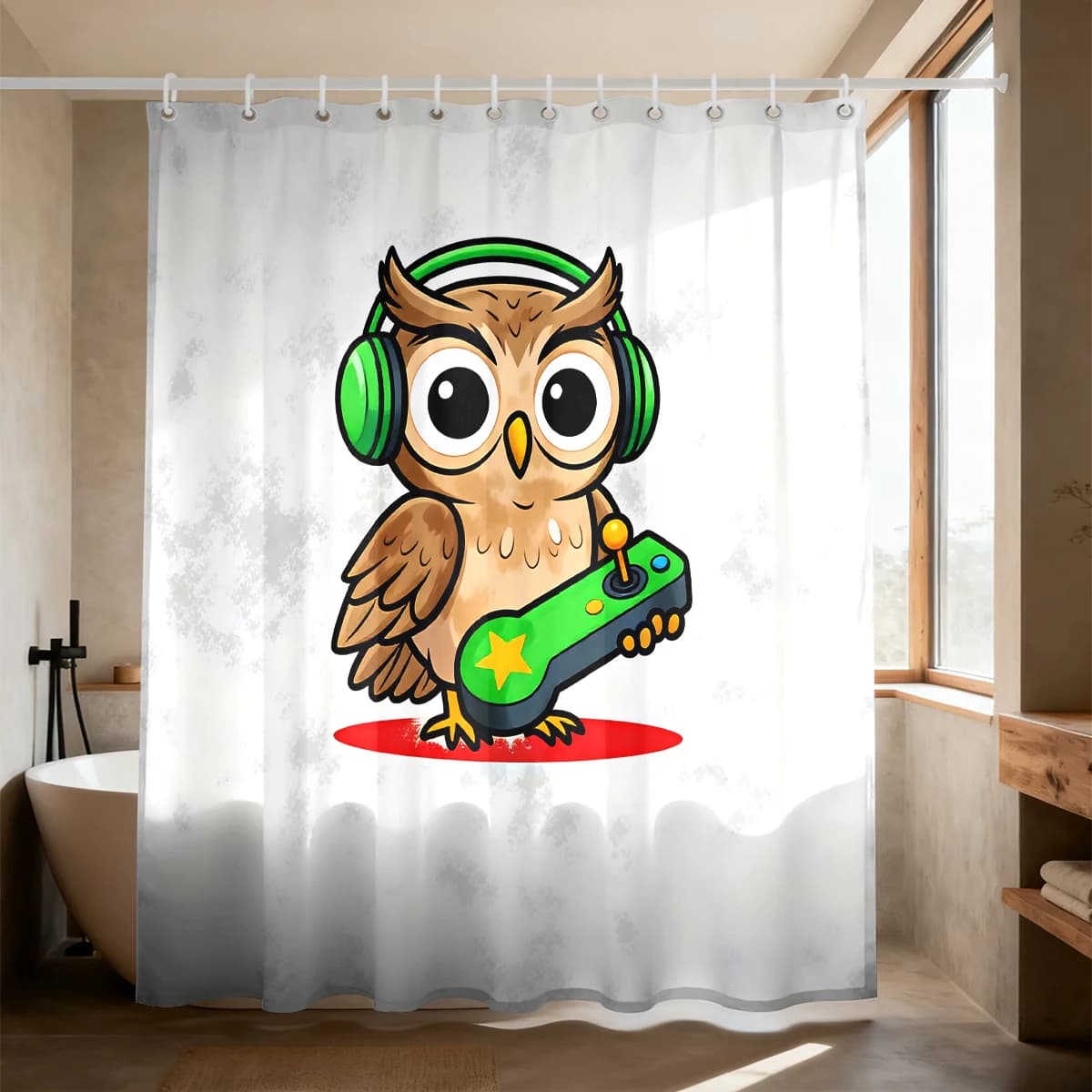 A waterproof shower curtain with a cat-head gaming while wear headset suitable separating spacesprivacy when taking a shower