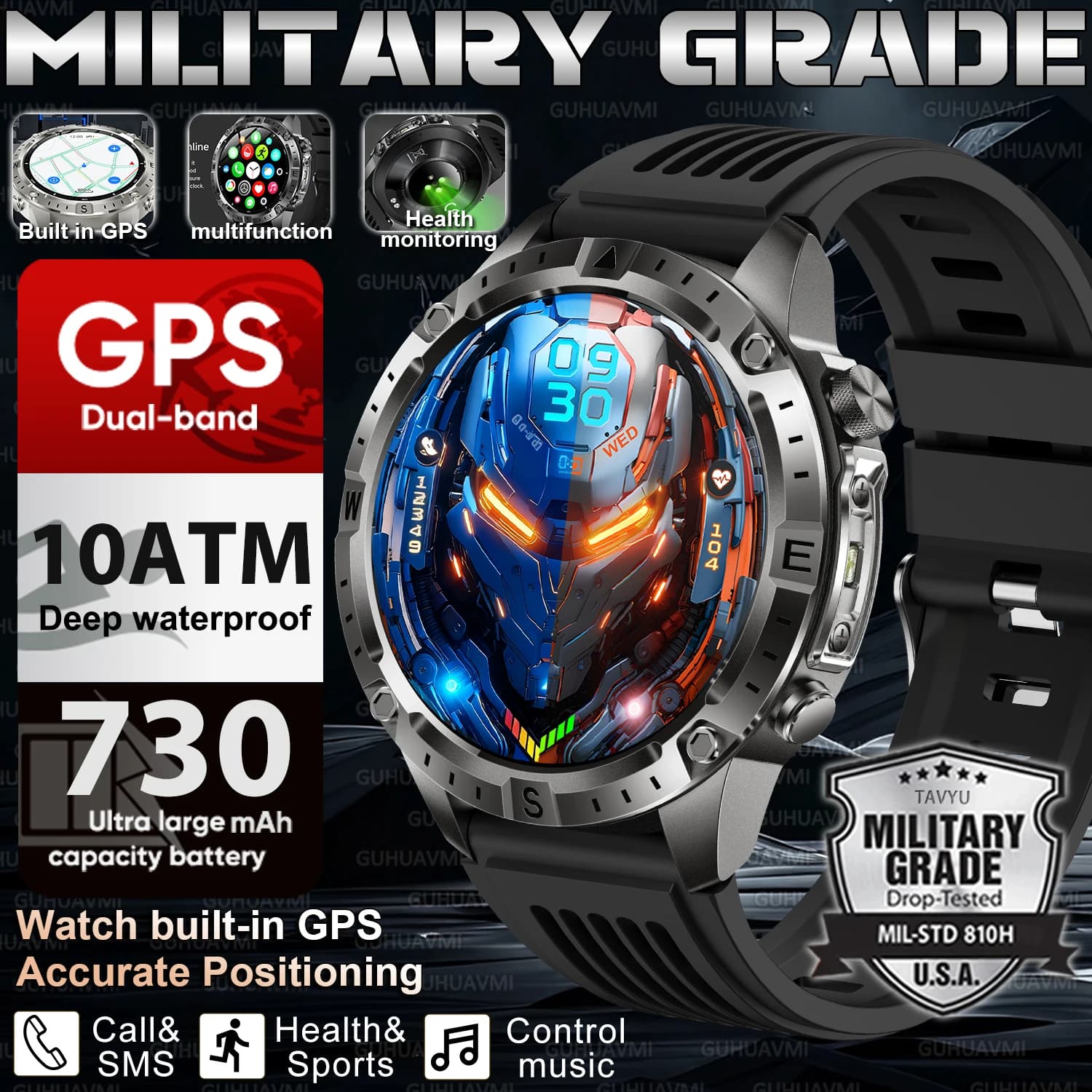Nuovo Smartwatch da uomo con GPS integrato, mappe, batteria da 730mAh, impermeabile 10ATM, monitoraggio della frequenza cardiaca, chiamate Bluetooth HD.