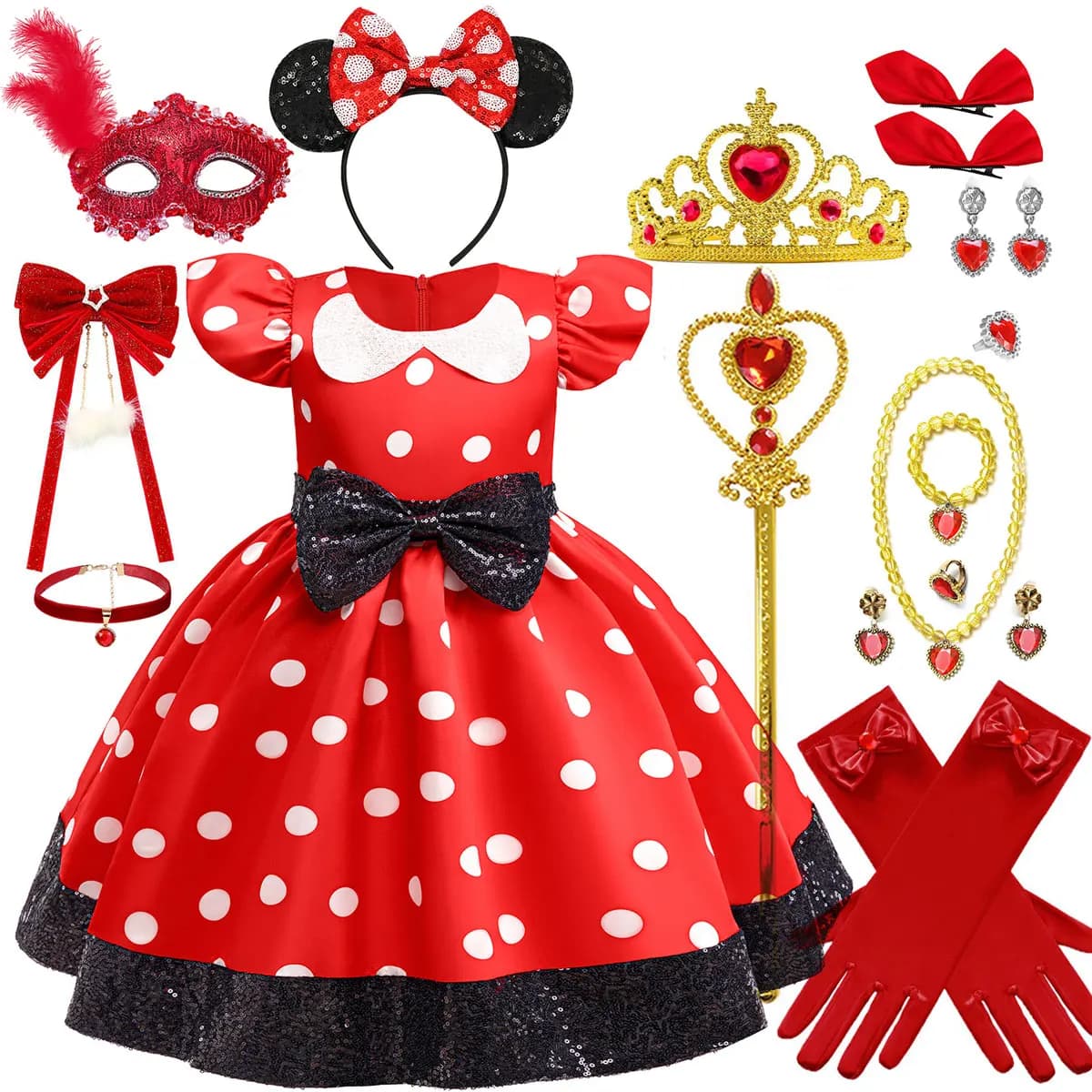 Disney Minnie Mouse Girls Satin Dress Red Polka Dot Big Sequin Bow Tutu Gown For Halloween Birthday Party Dress Accessories Suit